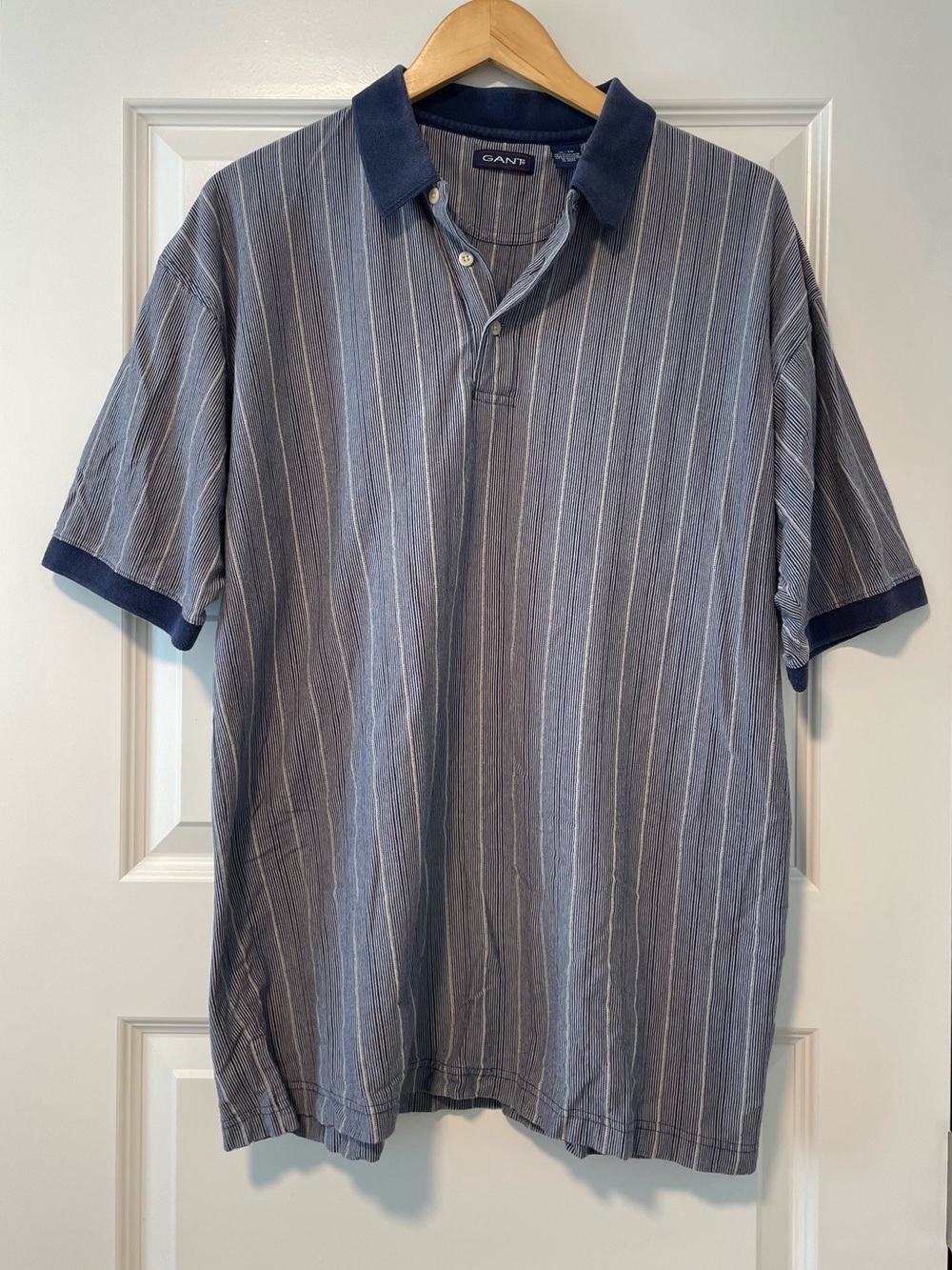 GANT Men's Navy-Trim Light Blue White Pinstripe Polo Collared Shirt Short Sleeve